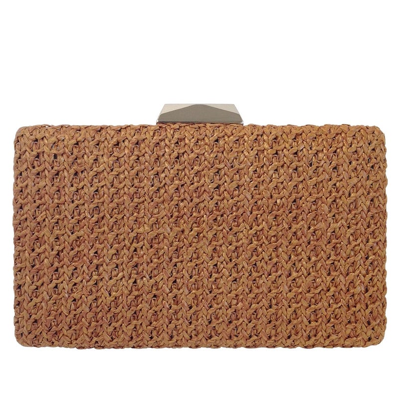 JNB Natural Straw Box Clutch, Tan - Image 1